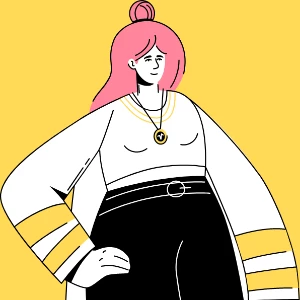 Un'illustrazione cartoon di una donna con i capelli rosa.