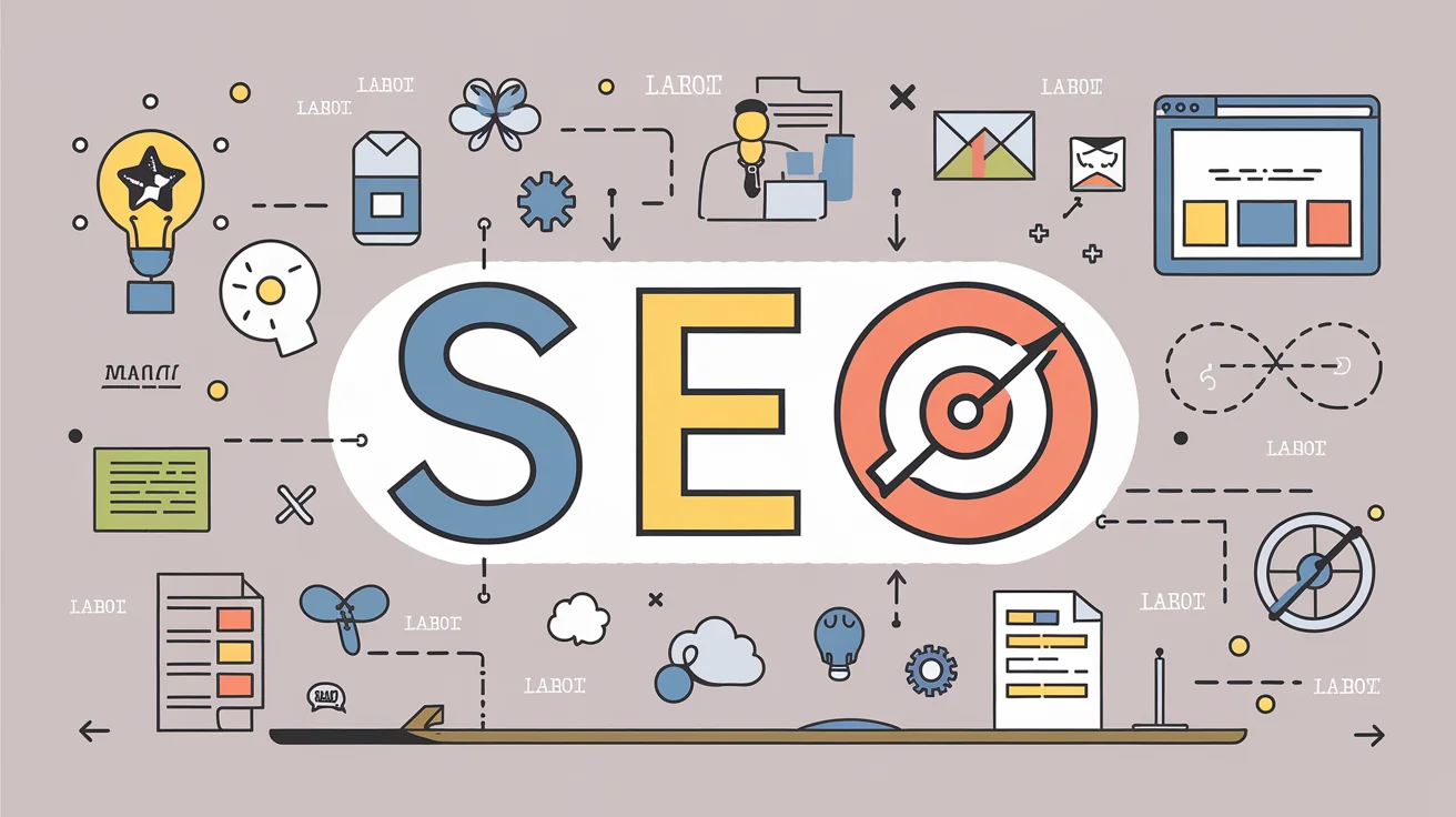 Illustrazione di icone correlate alla SEO, tra cui una lampadina, un grafico a torta, ingranaggi, grafici e pagine web, che simboleggiano vari aspetti del marketing digitale e delle strategie di ottimizzazione dei motori di ricerca.