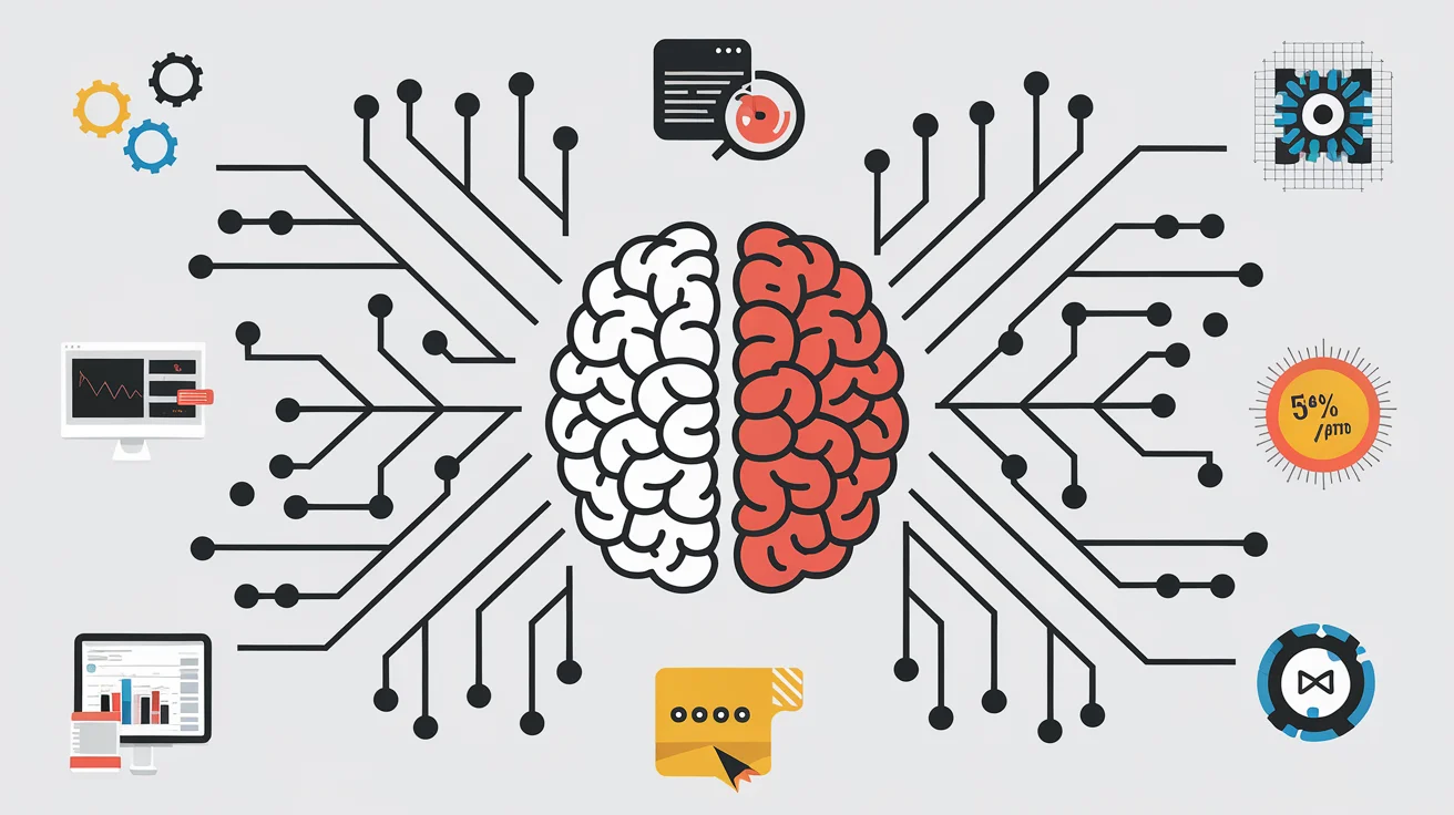 Illustrazione di un cervello circondato da circuiti interconnessi, grafici di dati e icone digitali, che simboleggiano l'intelligenza artificiale e l'analisi dei dati.