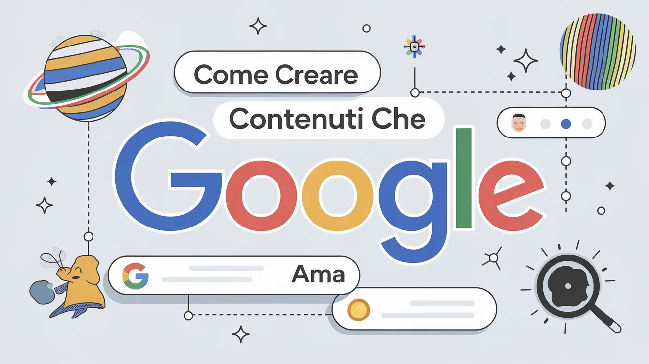 Illustrazione con il testo "Come Creare Contenuti Che Google Ama" caratterizzato da varie icone colorate ed elementi del marchio Google.