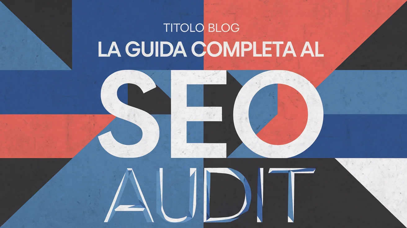 Un'immagine con il testo italiano "Titolo Blog: La Guida Completa al SEO Audit" su uno sfondo geometrico con sezioni rosse, blu e nere.