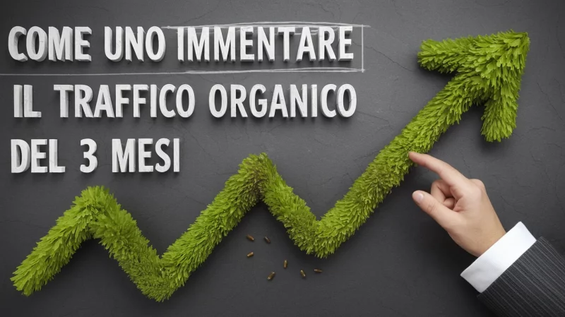 Una mano indica una freccia verde frastagliata rivolta verso l'alto accanto al testo italiano che recita: "Come aumentare il traffico organico in 3 mesi".