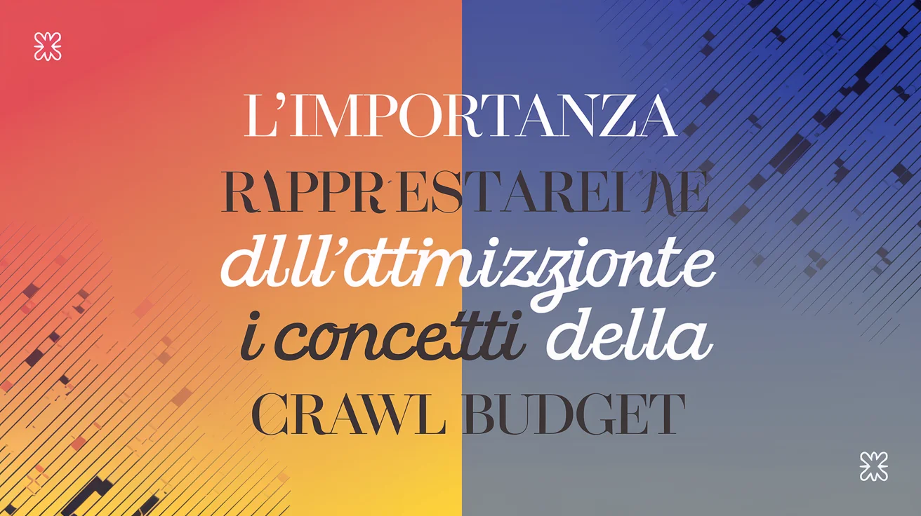 Sfondo sfumato multicolore con linee diagonali e testo in italiano che illustra l'importanza di rappresentare i concetti di ottimizzazione e di crawl budget.