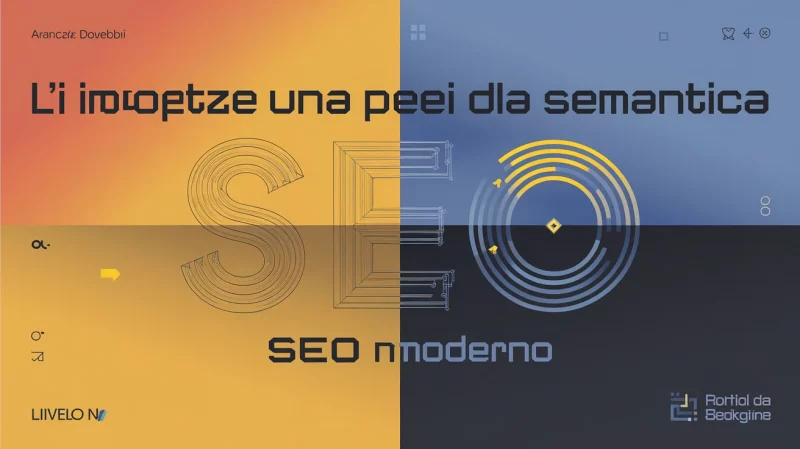 Manifesto colorato con il testo "L'i inoptze una peel dla semantica" e "SEO moderno". Vari motivi e forme geometriche decorano lo sfondo.