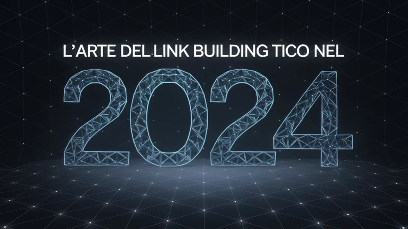 Rendering digitale che mostra il testo "L'arte del link building tico nel 2024" con un disegno a rete che forma i numeri "2024" su uno sfondo scuro con motivo a griglia.