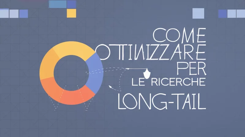 Grafico a torta e testo in italiano su sfondo grigio. Il testo recita "Come ottimizzare per le ricerche long-tail", che si traduce in "Come ottimizzare per le ricerche long-tail".