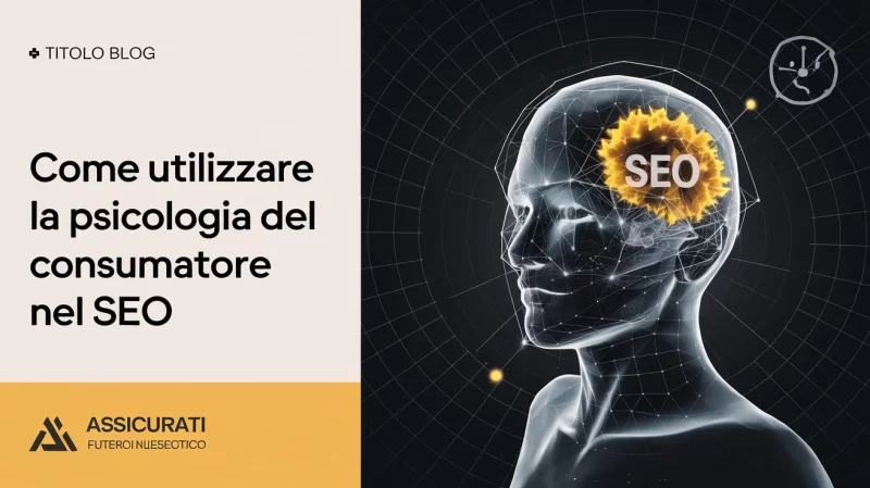 Illustrazione digitale di una testa umana con la parola "SEO" al suo interno, accompagnata da un testo in italiano sull'uso della psicologia del consumatore nella SEO, tratto da un blog intitolato "ASSICURATI.