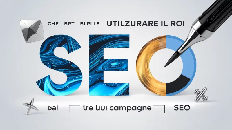 Grafica con testo "SEO" di grandi dimensioni in motivi blu e oro, accompagnato da un pennino e vari elementi di design. Il testo recita "UTILIZURARE IL ROI dal tre lui campagne SEO".