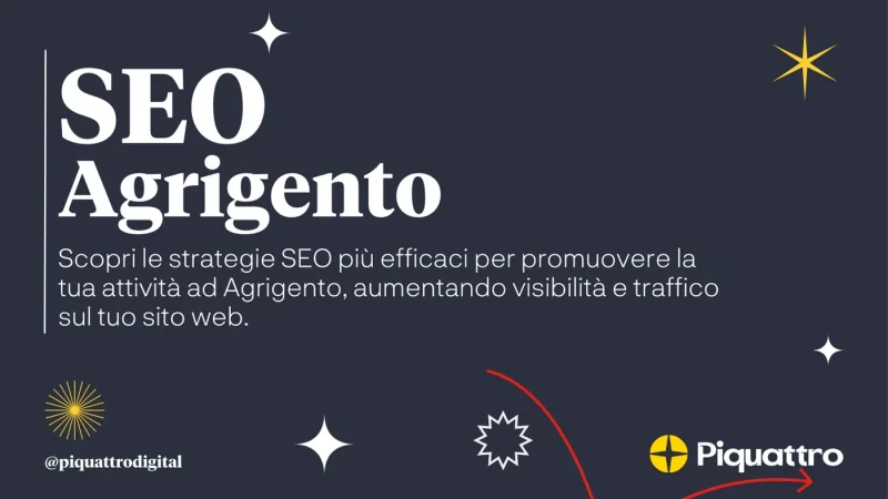 Il testo nell'immagine recita: "SEO Agrigento. Scopri le strategie SEO più efficaci per promuovere la tua attività ad Agrigento, aumentando visibilità e traffico sul tuo sito web." Sono presenti i loghi per @piquattrodigital e Piquattro.