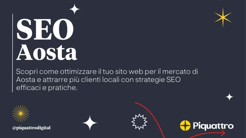 Banner scuro con il testo "SEO Aosta". Offre strategie per ottimizzare un sito web per il mercato di Aosta, attraendo più clienti locali con tecniche SEO efficaci e pratiche. Branding di "Piquattro" incluso.