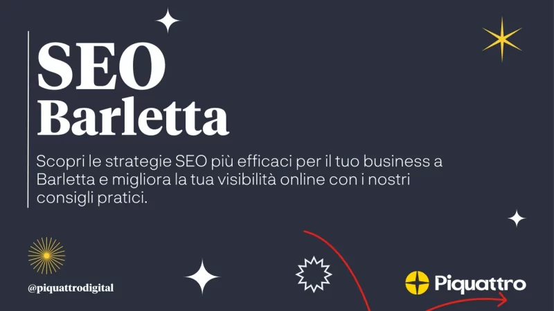 Grafica a tema scuro con testo bianco e giallo che promuove strategie SEO per le aziende di Barletta, presentata da Piquattro. Stelle e cerchi decorativi adornano il design. Testo in italiano.