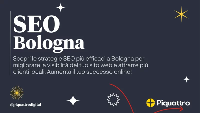 Pubblicità a tema scuro per "SEO Bologna" di Piquattro. Il testo spiega che il servizio aumenta la visibilità e attrae clienti locali per i siti web, migliorando il successo online. Sono presenti vari elementi grafici.