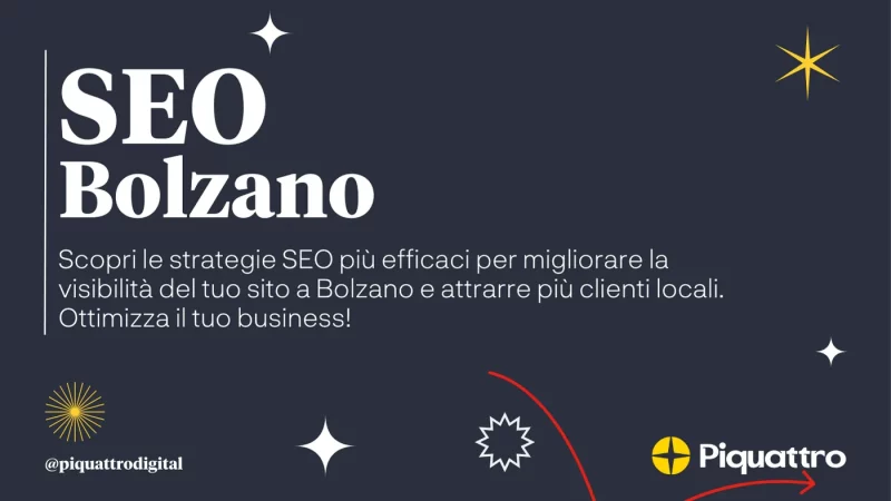 Lettura del testo "SEO Bolzano. Scopri le strategie SEO più efficaci per migliorare la visibilità del tuo sito a Bolzano e attrarre più clienti locali. Ottimizza il tuo business!" Loghi in basso.