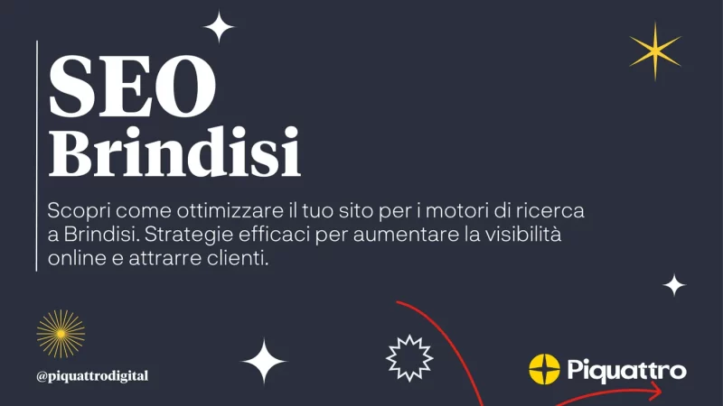 Grafica testuale che promuove SEO Brindisi, fornendo strategie per ottimizzare i siti web per i motori di ricerca e aumentare la visibilità online e l'attrazione dei clienti. Loghi in evidenza ed elementi decorativi su uno sfondo scuro.