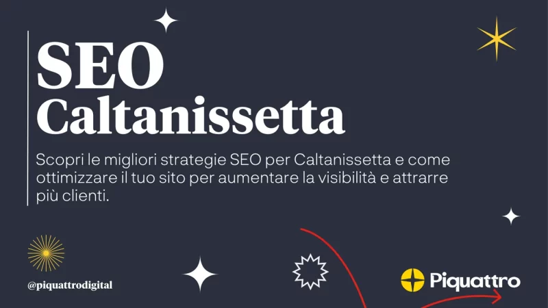 Grafica promozionale per "SEO Caltanissetta" di Piquattro, che spiega le strategie per ottimizzare i siti web per aumentare la visibilità e attrarre clienti.