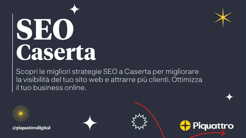 Grafica a tema scuro con il testo "SEO Caserta" e una descrizione che incoraggia il miglioramento della visibilità del sito web e l'attrazione dei clienti. Loghi di "piquattrodigital" e "Piquattro" presenti in basso.