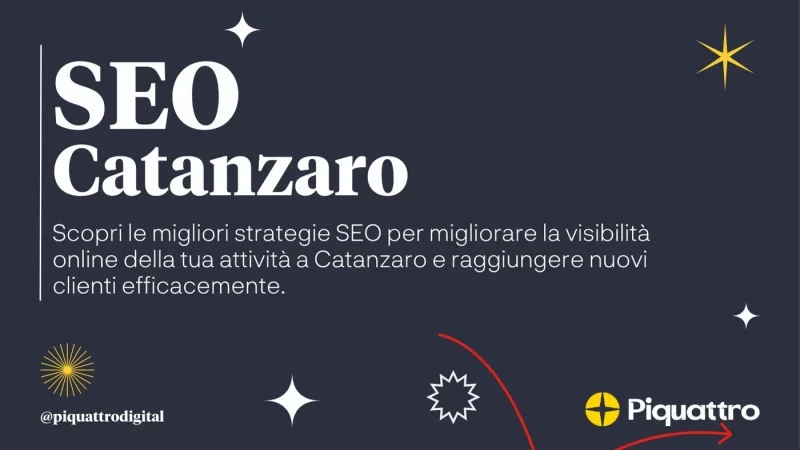 Testo che recita "SEO Catanzaro" con informazioni su come migliorare la visibilità online per le aziende di Catanzaro. Lo sfondo è scuro con vari design di stelle e linee. I loghi sono presenti in basso.