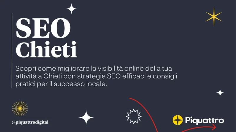 Sfondo scuro con stelle stilizzate ed elementi di design. Il testo recita: "SEO Chieti: Scopri come migliorare la visibilità online della tua attività a Chieti con strategie SEO efficaci e consigli pratici per il successo locale." Logo Piquattro.