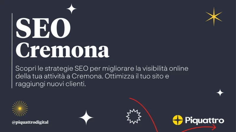 Grafica a tema scuro con testo: "SEO Cremona. Scopri le strategie SEO per migliorare la visibilità online della tua attività a Cremona. Ottimizza il tuo sito e raggiungi nuovi clienti." Loghi inclusi.