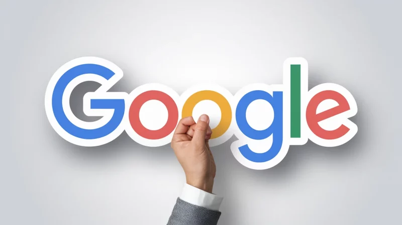 Una mano tiene il logo di Google, rappresentato con lettere colorate su sfondo bianco.