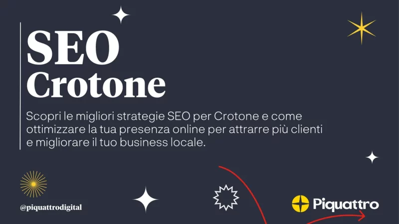 Il testo nell'immagine promuove "SEO Crotone" e descrive le strategie SEO per migliorare la presenza online e attrarre più clienti per le aziende locali. L'angolo in basso a destra presenta il marchio Piquattro.