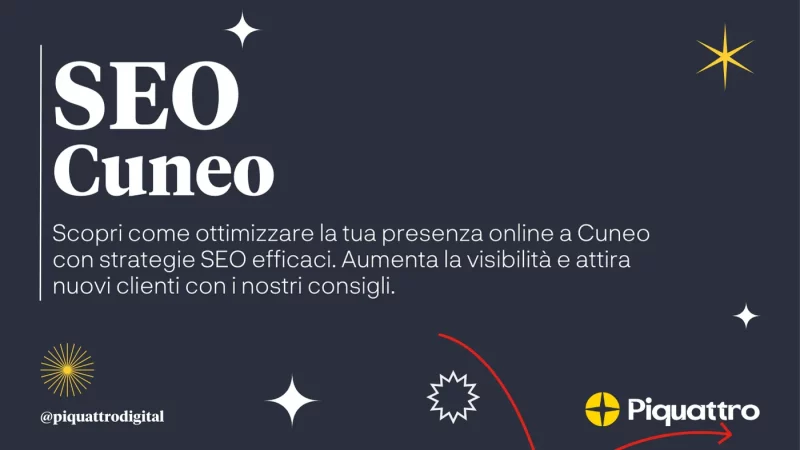 Testo che promuove servizi SEO a Cuneo, Italia, con strategie per migliorare la presenza online, la visibilità e attrarre nuovi clienti. Lo sfondo è scuro con stelle e grafica del logo.