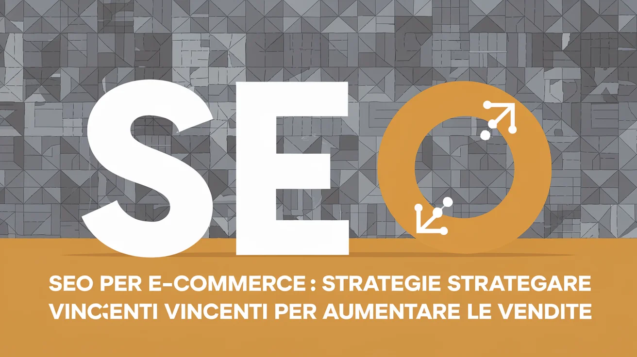 Il testo recita "SEO PER E-COMMERCE: STRATEGIE VINCENTI PER AUMENTARE LE VENDITE" su uno sfondo geometrico con grandi lettere "SEO" ben visibili.