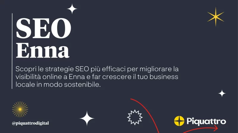 Fondo scuro con la scritta: "SEO Enna. Scopri le strategie SEO più efficaci per migliorare la visibilità online a Enna e far crescere il tuo business locale in modo sostenibile." Loghi Piquattro e social media.