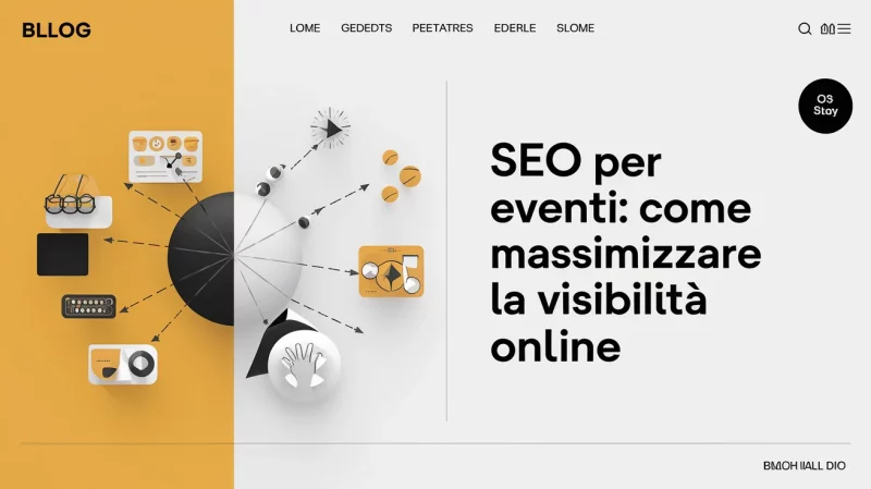 Sito web con sfondo diviso: sul lato sinistro sono presenti varie icone digitali su sfondo giallo e bianco; sul lato destro è presente il testo "SEO per eventi: come massimizzare la visibilità online" in nero.