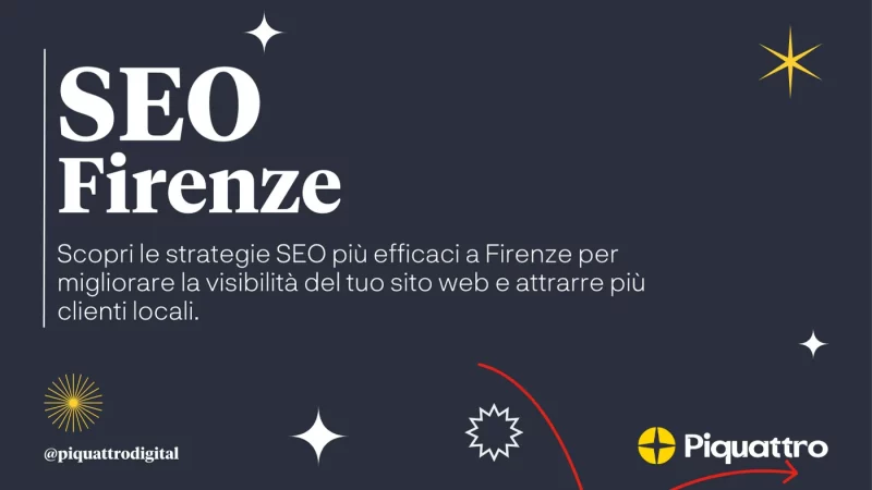 Pubblicità per "SEO Firenze" di Piquattro, che promuove strategie SEO efficaci a Firenze per migliorare la visibilità del sito web e attrarre più clienti locali.