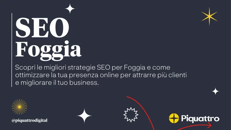 SEO Foggia: Scopri le migliori strategie SEO per Foggia e come ottimizzare la tua presenza online per attrarre più clienti e migliorare il tuo business. Logo @piquattrodigital in basso a destra.