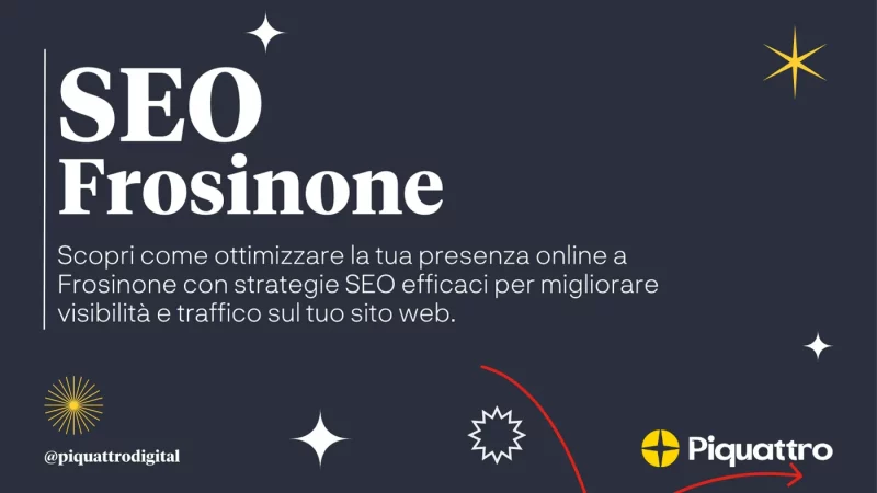 Immagine di testo che promuove i servizi SEO a Frosinone, spiegando le strategie per migliorare la presenza online, la visibilità e il traffico web. Include elementi grafici e il logo Piquattro.