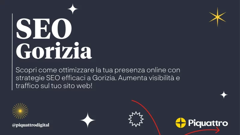 Immagine di sfondo scuro con testo bianco che recita "SEO Gorizia" e testo aggiuntivo in italiano che discute di strategie SEO efficaci per aumentare la visibilità e il traffico per i siti web. Sono presenti loghi ed elementi grafici.