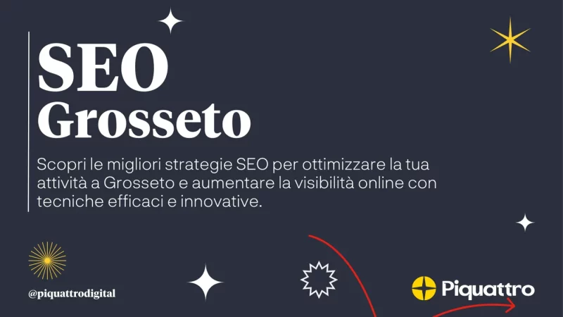 SEO Grosseto: Scopri le migliori strategie SEO per ottimizzare la tua attività a Grosseto e aumentare la visibilità online con tecniche efficaci e innovative. Loghi ed elementi decorativi agli angoli.