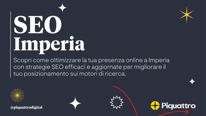 Grafica con il testo "SEO Imperia" e descrizione in italiano sull'ottimizzazione della presenza online con strategie SEO. Logo e icone Piquattro sono visualizzati in basso.