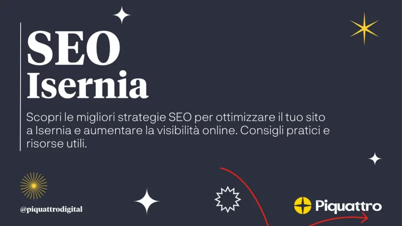 Un grafico con il testo "SEO Isernia" in bianco su sfondo scuro. Offre consigli sulle strategie SEO per ottimizzare i siti web a Isernia, con suggerimenti pratici e risorse utili. Include il logo di Piquattro.