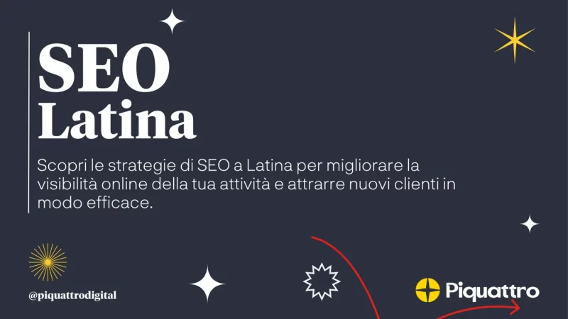 Grafica di testo con il titolo "SEO Latina" e una breve descrizione sull'uso di strategie SEO per migliorare la visibilità online e attrarre nuovi clienti in modo efficace. Il logo Piquattrodigital è nell'angolo in basso.