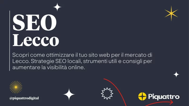 Sfondo scuro con testo che promuove servizi SEO a Lecco. Il testo in italiano discute strategie SEO locali, strumenti utili e suggerimenti per aumentare la visibilità online. Sono presenti i loghi di Piquattro Digital.