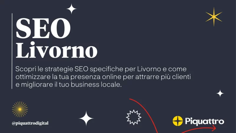 Grafica che promuove "SEO Livorno" con una descrizione in italiano sull'ottimizzazione della presenza online per attrarre più clienti e migliorare il business locale. Sono inclusi vari elementi decorativi.