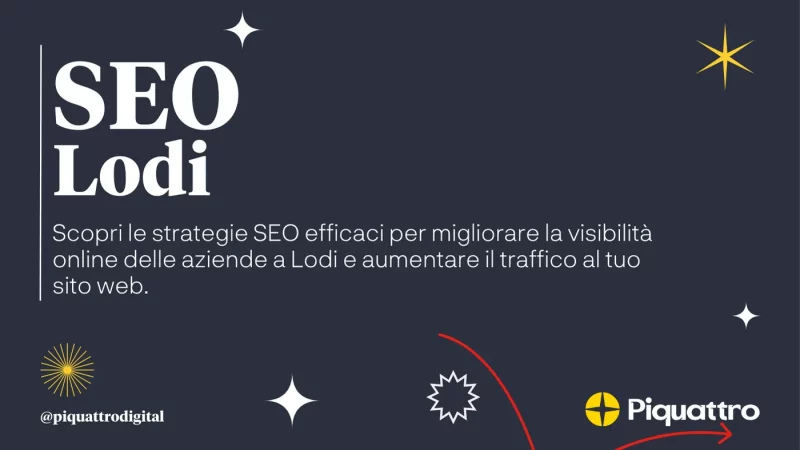 Un'infografica intitolata "SEO Lodi" che descrive strategie SEO efficaci per migliorare la visibilità online delle aziende di Lodi e aumentare il traffico del sito web. Sono presenti i loghi di Piquattro e @piquattrodigital.