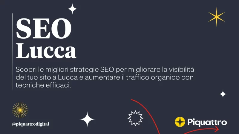 Grafica promozionale con sfondo scuro per "SEO Lucca" con testo che offre strategie SEO per migliorare la visibilità del sito e aumentare il traffico organico. Sono inclusi loghi, stelle e linee decorative.