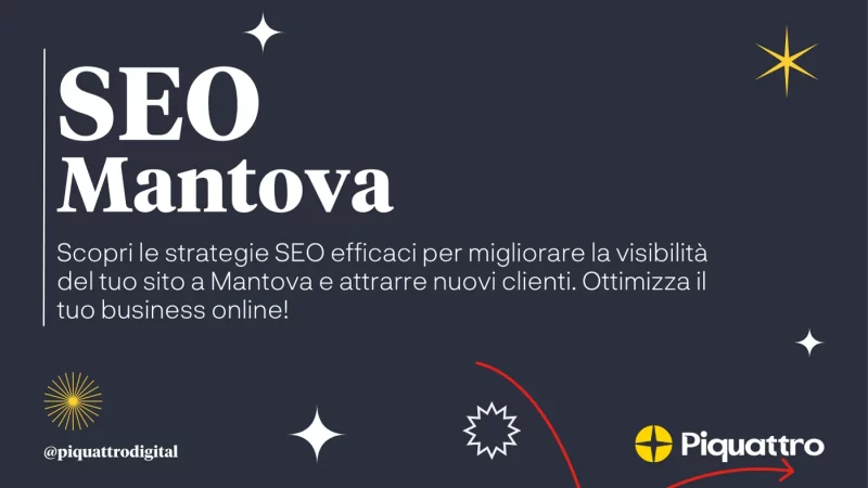 Grafica promozionale per 'SEO Mantova' con testo che esorta a migliorare la visibilità del sito web a Mantova per attrarre nuovi clienti. Include elementi decorativi e loghi per Piquattro e @piquattrodigital.