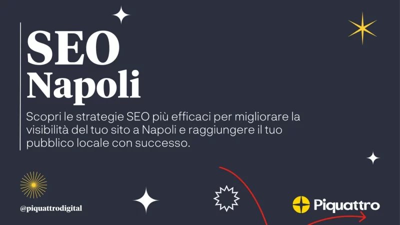 Grafica a tema scuro con testo "SEO Napoli" e una descrizione in italiano sulle strategie SEO efficaci per una migliore visibilità locale a Napoli. Il marchio e il logo Piquattro sono visualizzati in basso.