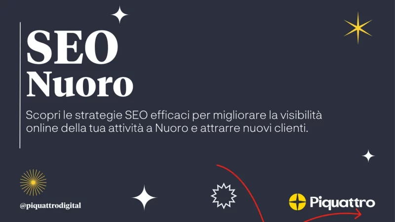 Sfondo scuro con la scritta "SEO Nuoro" in bianco, una descrizione in italiano sulle strategie SEO efficaci e il logo Piquattro con stelle e simboli che circondano il testo.