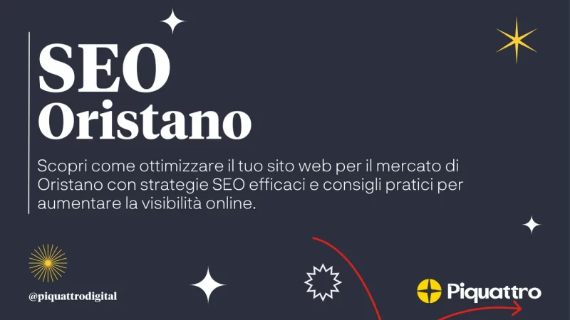 Testo che promuove servizi SEO per il mercato di Oristano con strategie efficaci e consigli pratici per aumentare la visibilità online. Decorato con motivi a stelle e circolari su sfondo scuro.