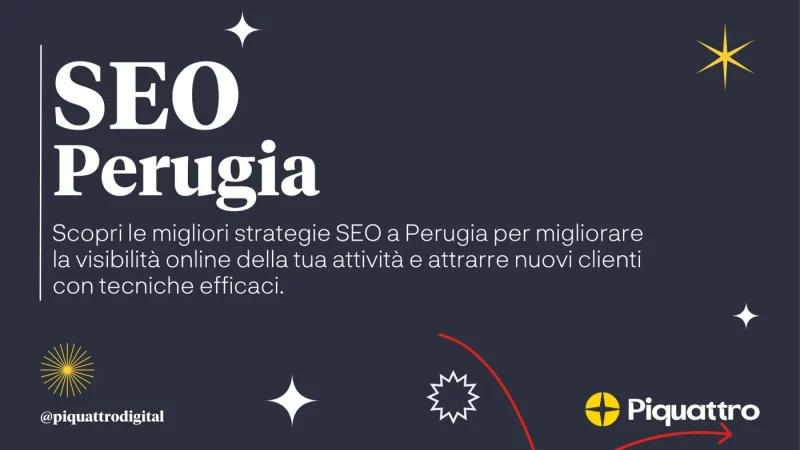 Una grafica promozionale per SEO a Perugia di Piquattro, che descrive le strategie per migliorare la visibilità online e attrarre nuovi clienti. Lo sfondo scuro presenta icone a forma di stella e il logo Piquattro.