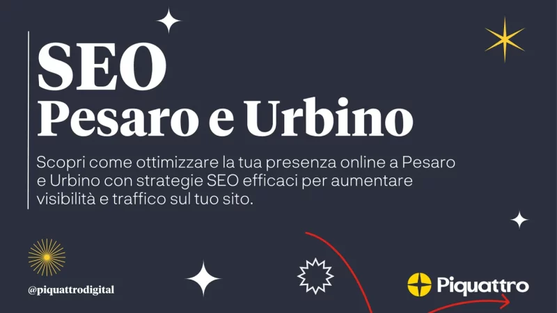 Immagine con sfondo scuro con il testo "SEO Pesaro e Urbino" e una descrizione in italiano sull'ottimizzazione della presenza online con strategie SEO. Sono presenti anche loghi e stelle decorative.