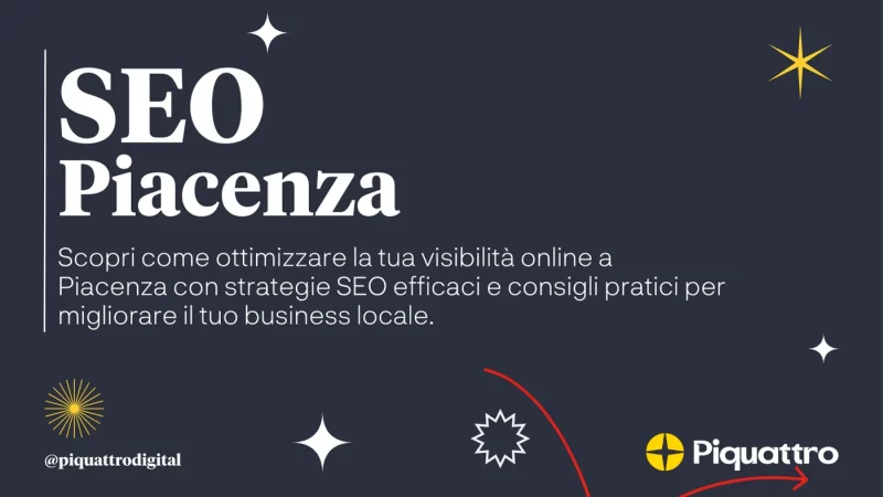 Sfondo scuro con testo bianco con la scritta "SEO Piacenza" e testo più piccolo che spiega come migliorare la visibilità online per le attività commerciali locali a Piacenza. Logo Piquattro nell'angolo in basso a destra.