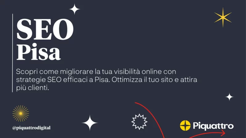 Immagine promozionale per "SEO Pisa" di Piquattro Digital, che sottolinea come aiuti a migliorare la visibilità online con strategie SEO a Pisa.