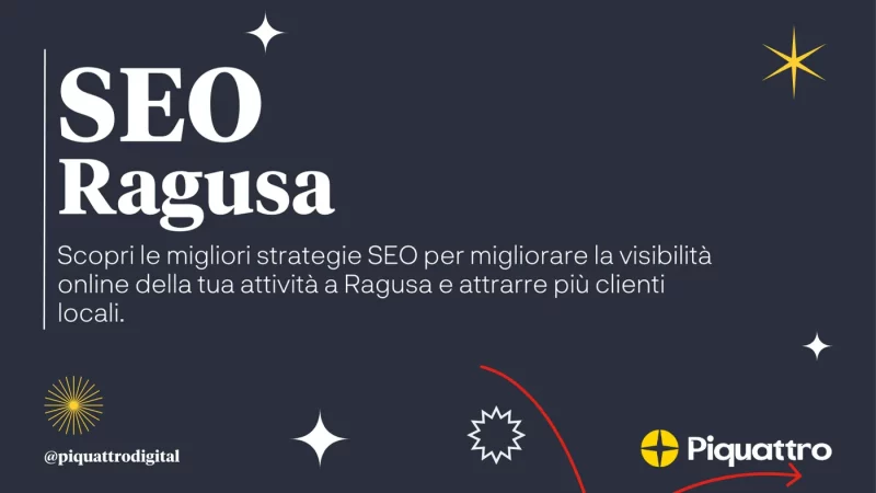 Grafica a tema scuro con il testo "SEO Ragusa" e un sottotitolo in italiano sul miglioramento della visibilità online e l'attrazione di clienti locali a Ragusa. Il logo "Piquattro" è in basso a destra.